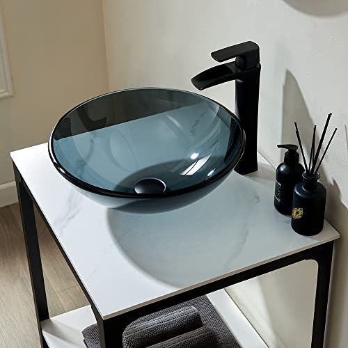 Alphaucet 24 Inch Industry Bathroom Vanity, Hotel Modern Vanity Set With Tempered Glass Hand Painted Round Vessel Sink, Sintered Stone Countertop Matt Black Metal Bathroom Vanity #TOP2