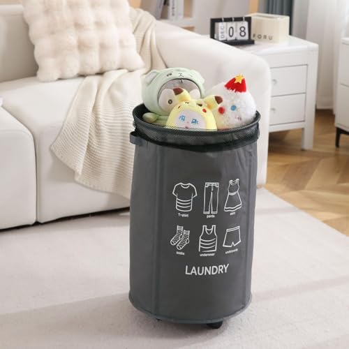 Image of HOKIPO Laundry Basket Foldable Hamper With Wheels, Grey (NEW2-AR-5322-GRY)