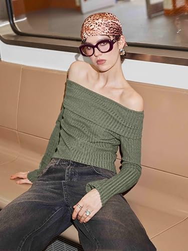 Image of CIDER Off The Shoulder Tops for Womens Sexy Long Sleeve Going Out Tops Knit Cropped Top Trendy Slim Fit
