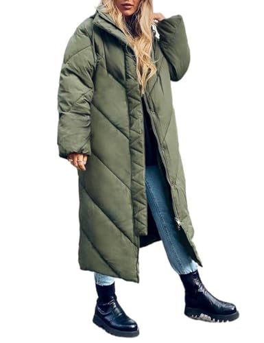 Flygo Womens Long Puffer Coat Long Sleeve Padded Winter Down Coats Hooded Parka Jacket(ArmyGreen-XL)