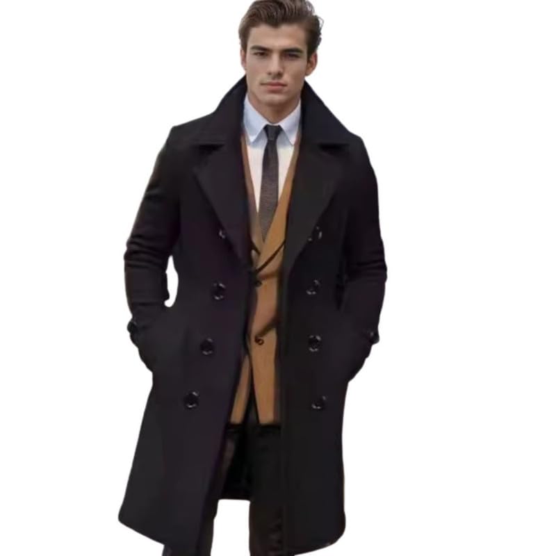 Men's Woolen Coat Double Breasted Long Jacket for Autumn and Winter