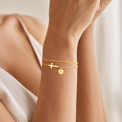 M MOOHAM Gold Initial Cross Bracelets for Women - 14K Gold Plated Dainty Layered Cross Bracelet Disc Letter A-Z Bracelet for Teen Girls Gifts Religious Christian Gifts for Women Girls4