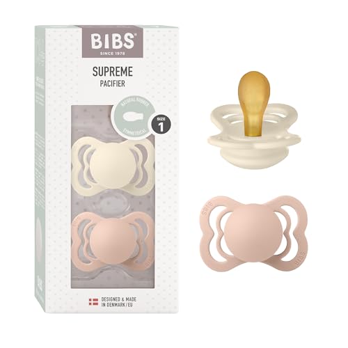 Image of BIBS Supreme Baby Pacifier 2-Pack | Made in Denmark | BPA Free Dummy Soother, Symmetrical Nipple. Natural Rubber Latex, Size 1 (0-6 Months), Ivory / Blush