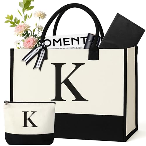 GENGBIN Personalized Canvas Tote Bag, Monogrammed Gift with Zipper Pouch