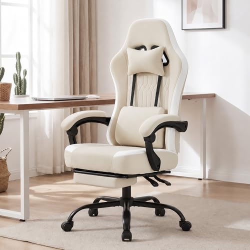 Image of Computer Gaming Chair - High Back Ergonomic Desk Chair with Footrest and Lumbar Support, Height Adjustable Task Chair with Linkage Armrests and Headrest, 360 Swivel Wheels, Khaki