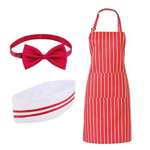 Juego de 3 delantales y gorro de chef, Delantal Antiincrustante y Ajustable, traje de chef ajustable para adultos, delantal halter a rayas rojas y blancas, delantal de cocina para hornear
