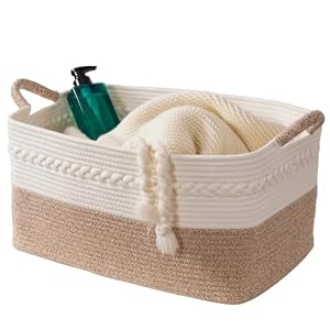 Decorative laundry basket with handles woven from natural cotton rope storage blankets for living room cute boho quilted gift baskets for clothes pillows toys 20″x14″x10″,white/brown