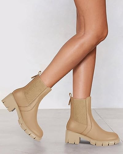 Coutgo Womens Ankle Boots Combat Chelsea Lug Sole Chunky Mid Heel Round Toe Booties Fashion Shoes,Light Brown,Size 9 | Image 1
