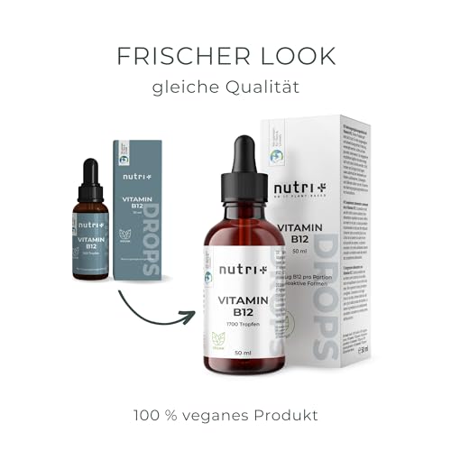 Nutri + Vitamin B12 Tropfen 50 ml hochdosiert + vegan - B 12 Flüssig 500 µg - Drops mit bioaktivem Methylcobalamin & Adenosylcobalamin ohne Alkohol