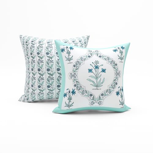 Image of BLOCKS OF INDIA 200TC Diwan Set Cotton 8 Piece | Deewan Printed Bedsheet Sets for Living Room Hall (Set of 8 Piece, 1-Bed Sheet | 2-Bolster Cover | 5-Cushion Cover (Turquoise BEL)