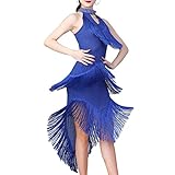 Damen Latin Dance Dress Neckholder Fransen Kleider Leuchtenden Flapper Tango Cha Cha Kleid Samba Kostüm Latein Tanzkleid für Party Performance,Blau,L