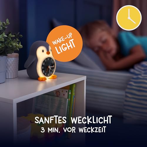 MegaLight Kinderwecker mit Kindernachtlicht | 2in1 Wecker Kinder + warmweißes Nachtlicht Kinder mit 30-Min Sleeptimer | Sanftes Wake Up Light für natürliches & kindgerechtes Aufwachen | POPPY PENGUIN