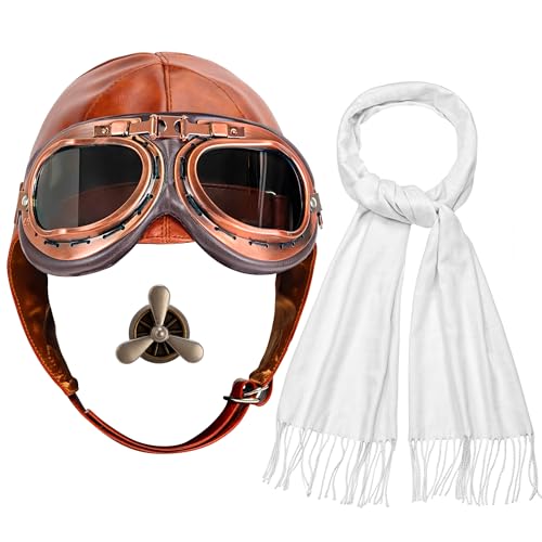 Horolam 4 Accessoires pour Costume d'aviateur, Chapeau d'aviateur avec Lunettes, Casquette De Pilote, écharpe Blanche Et Broche pour Hommes Et Femmes