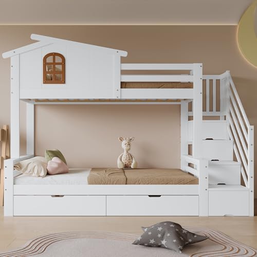 Oslghy Cama Infantil, Litera Matrimonio 90x200 & 120x200, Cama Alta con Escalera de Almacenamiento y Ventana, Cama de Casa para Niños con 2 Cajones y Somier, Cama Niños en Forma de Casa, Sin Colchón