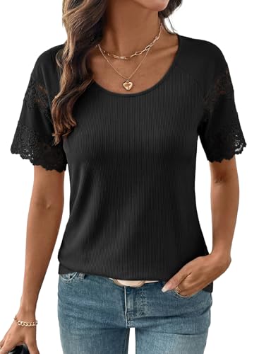 Image of EVALESS Womens Summer Tops Dressy Casual Spring Ribbed Texture Embroidery Short Sleeve Crewneck T Shirts