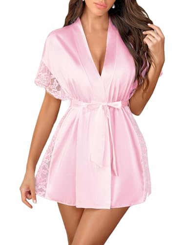 Image of SSoShHub Lingerie for Women Satin Sleeping Robe Eyelash Lace Kimono Side Split Sexy Silk Robes