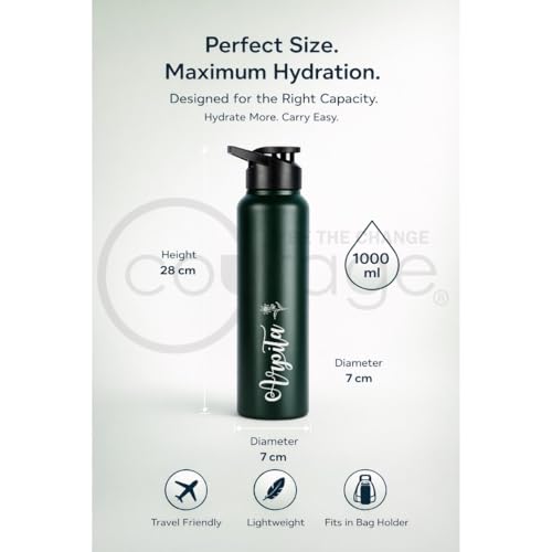 Image of COURAGE Stainless Steel Customize Sipper Water Bottle 1Liter Leak Proof for Fridge Home Office Travel School Kids Boys Girls Adults Sports Gym Yoga - Green