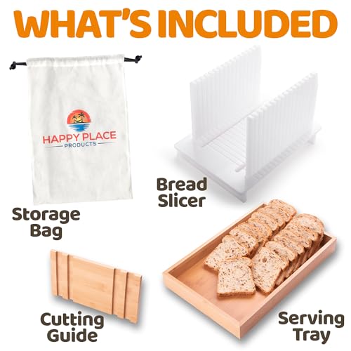 Happy Place Products Adjustable Bread Slicer for Homemade Bread Loaves Bagels – Manual Bread Cutter with Crumb Tray – Durable Bread Slicing Guide HDPE 12x8x6.5 – Easy to Clean and Use
