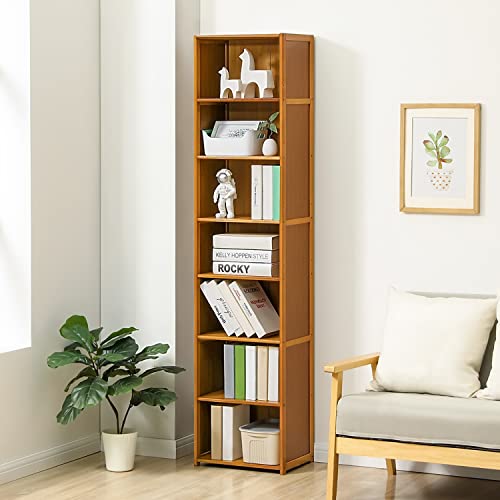 Monibloom Bamboo 7 Tier Free Standing Tall Bookcase Narrow Display Storage Shelves Collection Décor Furniture For Home Living Room Study Room, Brown #TOP1
