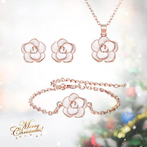 Elequeen Rose Flower Necklace Earrings Bracelet Set 14K White Rose Gold Plated Hypoallergenic Jewelry Sets Gift For Women Girls #TOP6