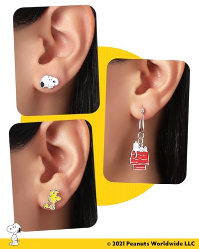 SALLY ROSE Peanuts Woodstock and Snoopy Earrings Pack of 6 Pairs Official License, Enamel-Plated Studs and Hoops with Dangle Charm3