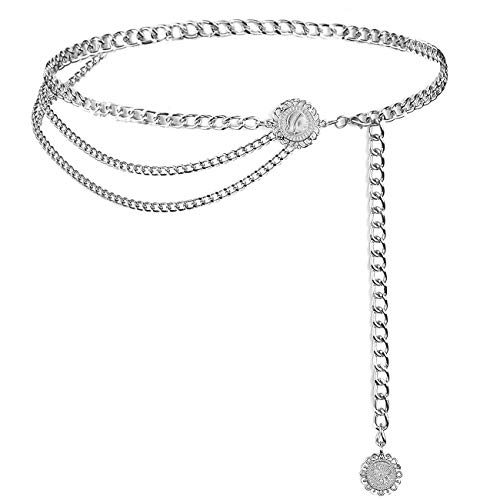 YooAi Chaîne Ceintures pour Femmes Multicouche Taille Chaîne Robe Ceinture Métal Corps Ventre Chaîne Tournesol 90 cm Argent Cover