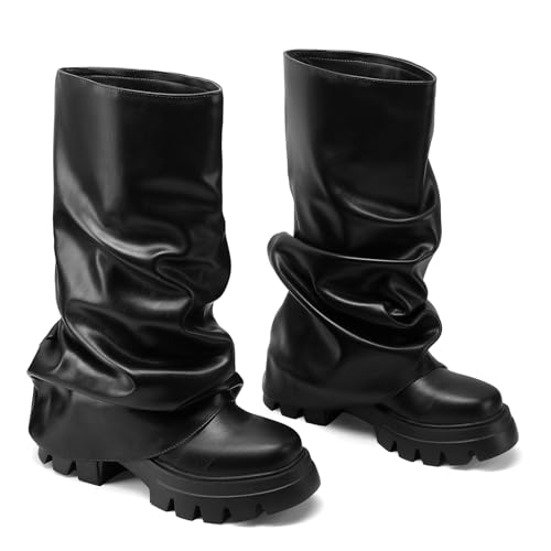 VOMIRA Women's Fold Over Boots Slouchy Boots Wide Calf Pleated Platform Boots Glitter Metallic Silver Boots Chunky Stacked Boots Mid Calf Boots2