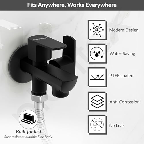 Image of Plantex Two Way Tap for Washing Machine /Quarter Turn 2 in 1 Bib Cock /Wash Basin tap with Teflon Tape and Wall Flange /2 Way Bathroom Tap with Brass Spindle -(Saga-Black)