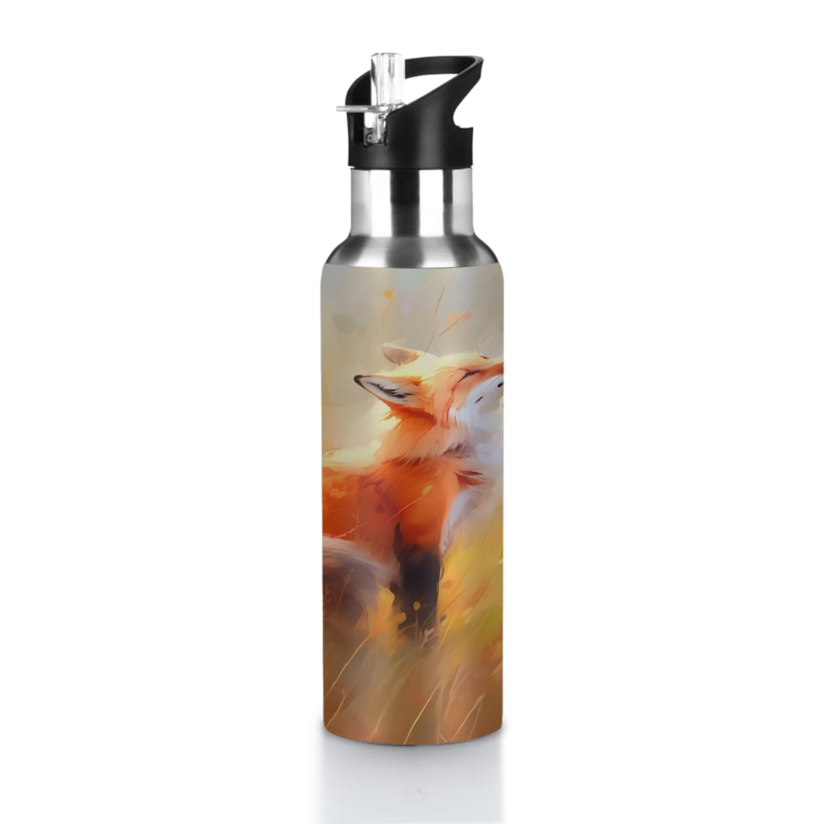 VQUVQV Stainless Steel Water Bottle with Straw Lid, 600ml Insulated Leakproof Sports Bottle Thermal Flask for Cold and Hot Drink, Fox In Grass — image 1