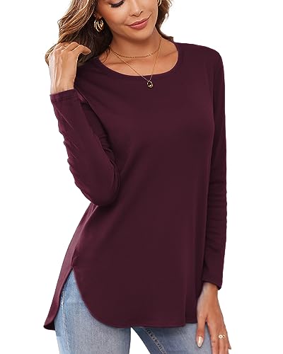 Herou Women's Casual Long Sleeve T Shirt Crewneck with Side Split Fall Pullover Loose Tunic Sweater Tops Burgundy Red