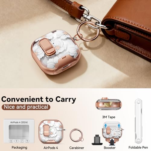 Image of for AirPods 4 Case, with Safty Lock & Phone Stand for Floral AirPods 4th Generation Case Cover for Women Girly, iPod 4 Case with Keychain & Cleaner Kit -White Lily