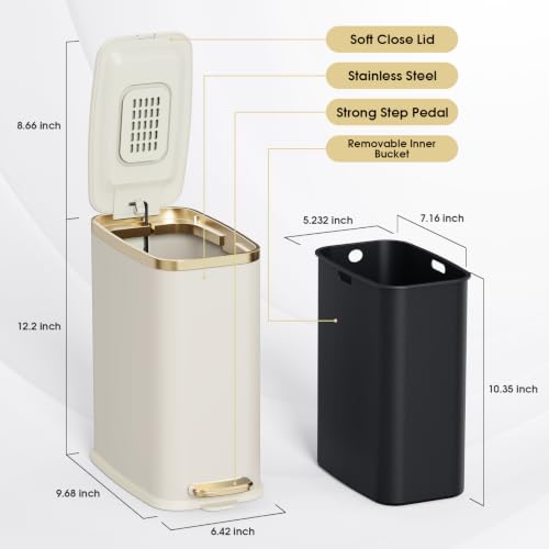 Image of CEROELDA Small Bathroom Trash Can with Lid-5L /1.3 Gal-Soft Close Lid-Beige