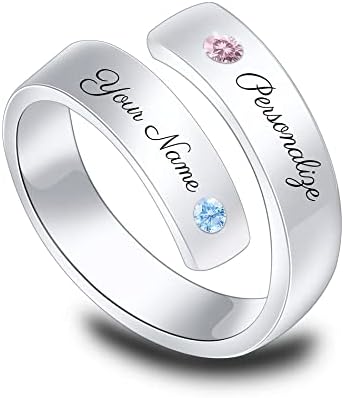 OTXIXTO Personalized 925 Sterling Silver Twist Ring Name/Date Engraved Customized Birthstones for Women Friend Wedding Engagement Stacking Band Adjustable Promise Ring (Birthstones)