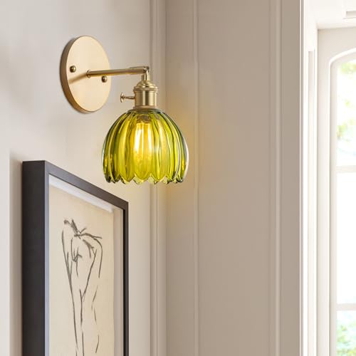 Image of Vintage Wall Sconces Wall Mounted Lights with Emerald Green Tulip Glass Lampshade Brass Sconces Hardwired 180 Degree Adjustable Modern Wall Lighting Fixture with Switch for Bedroom Bedside