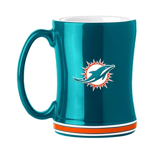 FANMATS NFL Miami Dolphins 14 oz Relief Coffee Mug — 14 Fluid Ounces | Ceramic | Sculpted 3D Logo | Team Color | Great Gift