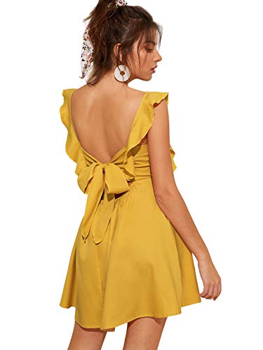 Romwe Women s Cute Tie Back Ruffle Strap A Line Fit and Flare Flowy Short Dress Yellow Medium