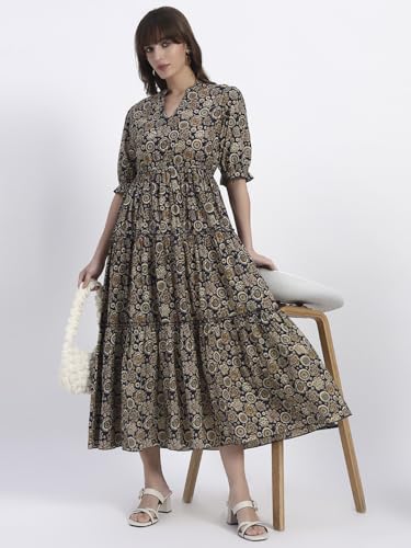 Image of Women's Fit and Flare Dress I Pure Cotton Long Summer Maxi Dress I V-Neck I Casual Wear I Printed Kalamkari Floral Middi