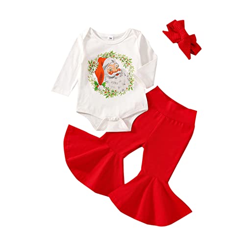 Image of Tsnbre Newborn Baby Girl Christmas Outfit Santa Letter Printed Long Sleeve Sweatshirt Tops Bell Bottoms Pants Winter Clothes