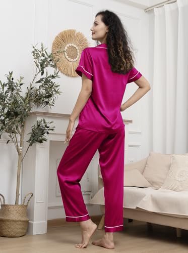 Image of WJing Yi Jia Womens Pajamas Set XS-4XL Floral Silk Satin Pajama Sets Silky Pj Sets 2Pcs Loungewear Sleepwear Button Down Pjs