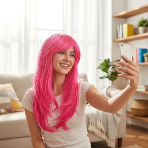 Image of Moira Synthetic Straight Colored Hair Wig 23 inch for Costume Dressing, Photo Booths, Fancy Dress, Cosplay (Fluoro Pink)