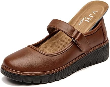 VJH confort Women’s Mary Jane Flats,Comfort Round Toe Slip-on Orthotic Low Wedge Walking Shoes (Tan,8)