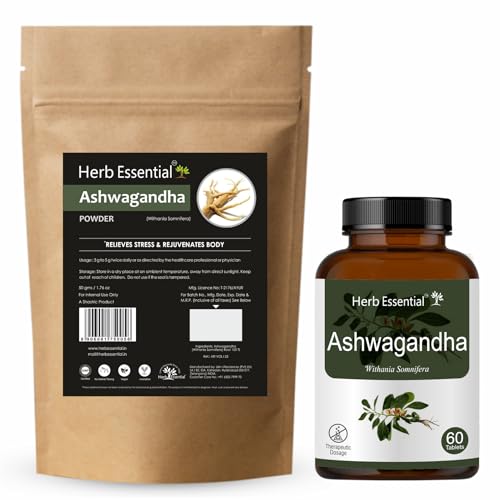 Image of Herb Essential Ashwagandha Powder 50g & 60 Tablets Combo Pack| Pure Ashwagandha Supplements (Withania Somnifera) | Natural Stress & Anxiety Relief | Supports Memory, Energy, Immunity & Sleep