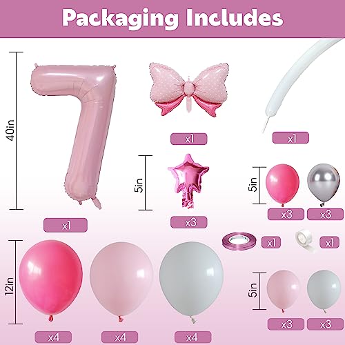 Image of 40 Inch Pink Number 7 Balloon Tower 7th Birthday Decorations for Girls | Large Pastel Baby Hot Pink White Number Seven Foil Balloons Stack Set 7 Years Old Princess Seventh Birthday Party Decorations