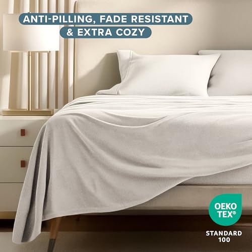 Image of Bare Home Super Soft Fleece Sheet Set (King, Antique White) | Extra Plush Polar Fleece, No-Pilling Bed Sheets, All-Season, Cozy Warmth, Deep Pockets 6 to 15 Inches