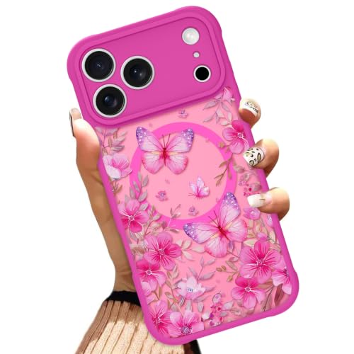 OOK Hot Pink Phone Case for iPhone 18 Pro 6.3 Inch, Butterfly Floral Flower