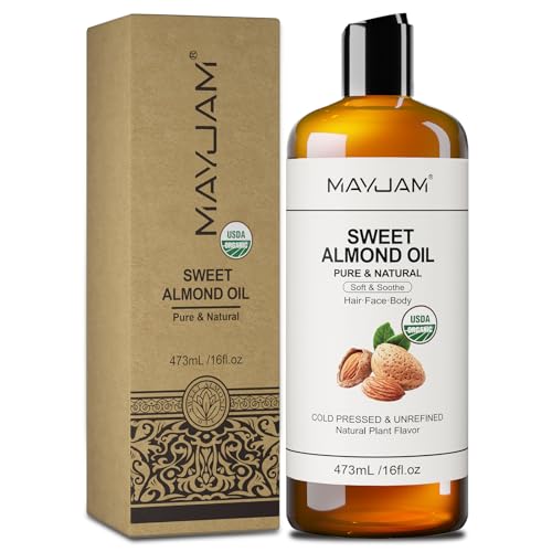 MAYJAM Aceite de Almendras Dulces Bio 473ML, Aceite Corporal de Almendras Prensadas en Frío 100% Puro Natural, Hidratante & Nutritivo, Organic Sweet Almond Oil para Piel, Cabello, Masaje