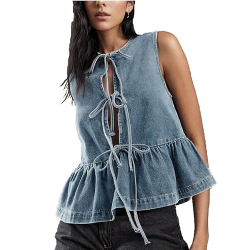 Women Tie Front Denim Vest Sleeveless Ruffle Hem Peplum Tank Top Y2k Streetwear Jean Vest Summer Cute Going Out Tops