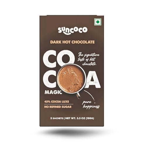 Image of Suncoco - Dark Hot Chocolate Powder Mix - 5 Sachet | 45% Luxe Cocoa | Enjoy Hot or Cold | Sweeten by Organic Coconut Sugar | 100 grams