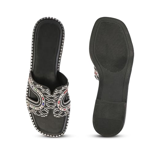 Image of Centrino Women's Beaded Flat Sandals | Stylish Gold Crystal Slip-On with Ornate Cutout Design | Soft Cushioned Footbed |Elegant & Trendy Open Toe Slip-On | Luxury Footwear for Wedding /Party (9301)