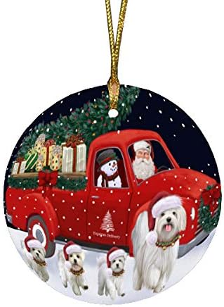 Christmas Express Delivery Red Truck Running Maltese Dogs Round Flat Ornament - Pet Decorative Hanging Ornaments for Christmas X-mas Tree Decorations - 2.75" Round Christmas Ornament